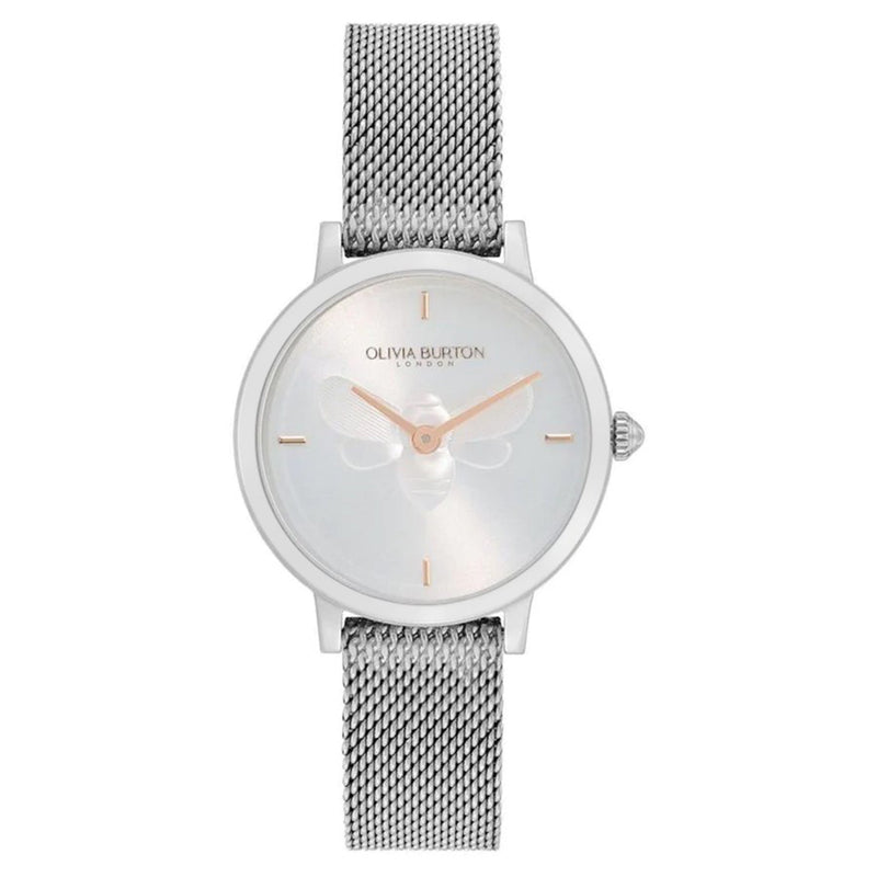 Olivia Burton Ultra Slim Bee Steel Mesh White Dial Women's Watch - 24000021
