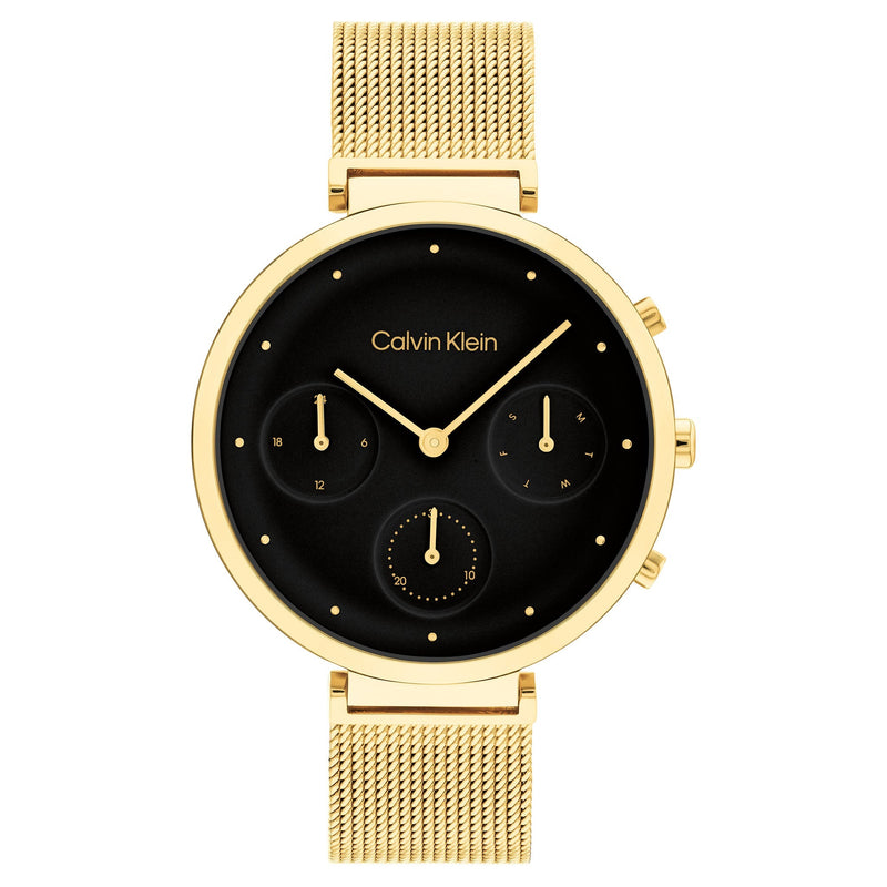 Calvin Klein Gold Steel Mesh Black Dial Multi-function Women's Watch - 25200287