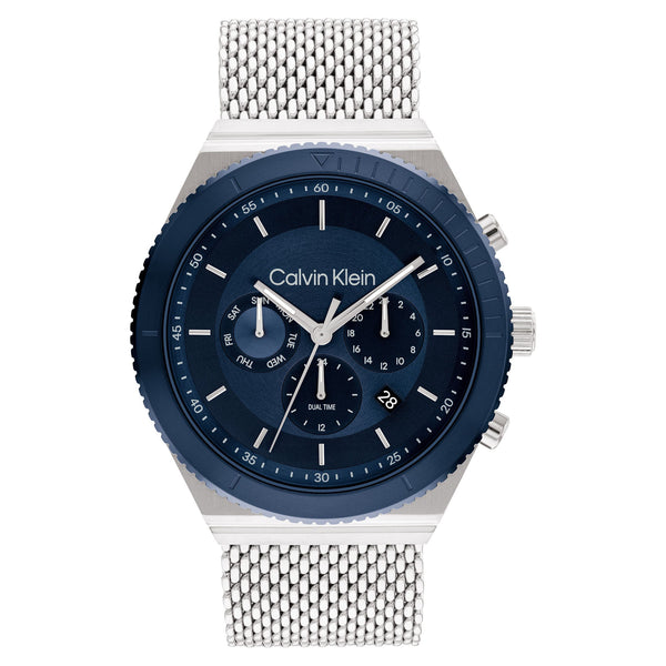 Calvin Klein Silver Steel Mesh Blue Dial Multi-function Men's Watch - 25200305