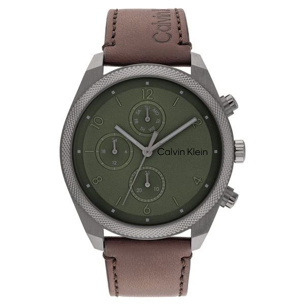 Calvin Klein Dark Brown Leather Green Dial Multi-function Men's Watch - 25200363