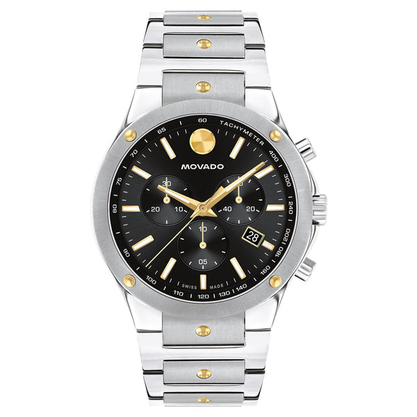 Movado Stainless Steel & Yellow Pvd Black Dial Swiss Chronograph Men's Watch - 607972