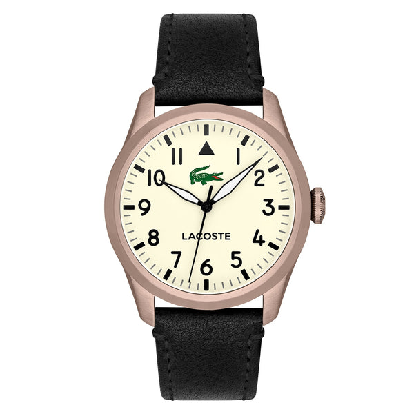 Lacoste Black Leather Parchment Dial Men's Watch - 2011300