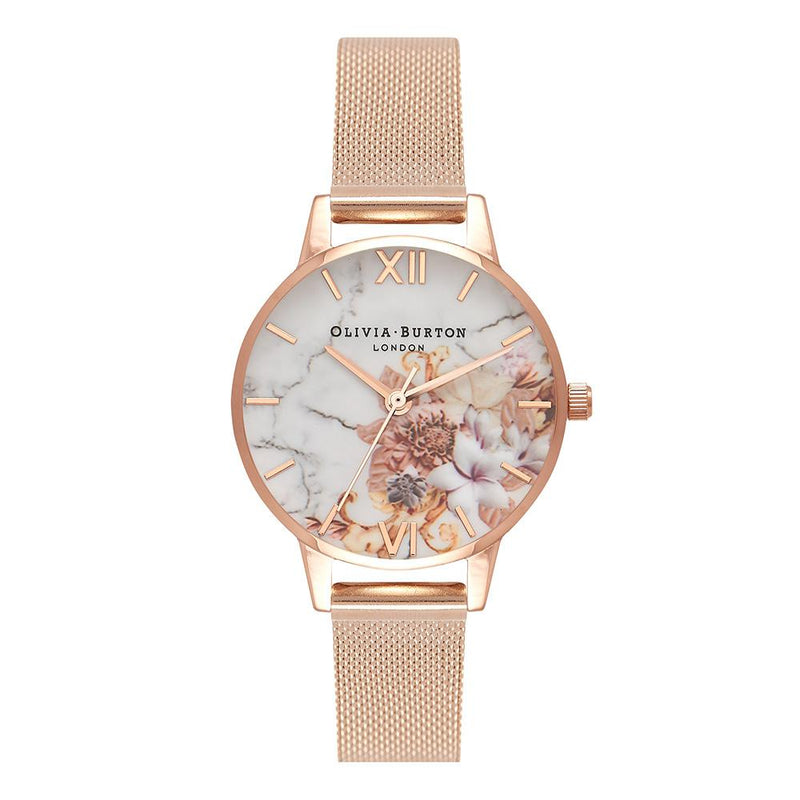 Olivia Burton Marble Floral Rose Gold Mesh Ladies Watch - OB16CS06