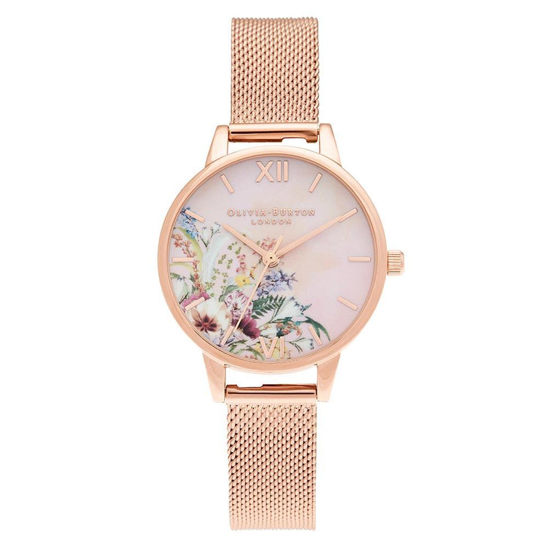 Olivia Burton Enchanted Garden Tie Dye Dial Midi Rose Gold Mesh Women's Watch - OB16EG157