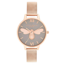 Olivia Burton Lucky Bee, Grey Dial & Rose Gold Mesh Ladies Watch - OB16FB10