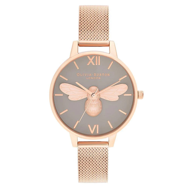 Olivia Burton Lucky Bee, Grey Dial & Rose Gold Mesh Ladies Watch - OB16FB10
