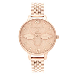 Olivia Burton Glitter 3D Bee Pale Rose Gold Bracelet Ladies Watch - OB16GD46