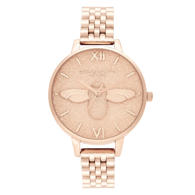 Olivia Burton Glitter 3D Bee Pale Rose Gold Bracelet Ladies Watch - OB16GD46