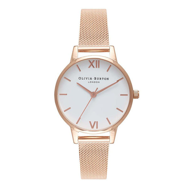 Olivia Burton Rose Gold Mesh White Dial Women's Watch - OB16MDW01