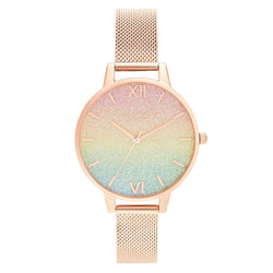 Olivia Burton Rainbow Glitter Dial & Rose Gold Mesh Ladies Watch - OB16RB18