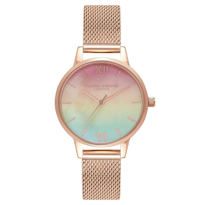 Olivia Burton Midi Rainbow Pearl Dial Rose Gold Mesh Women's Watch - OB16RB25