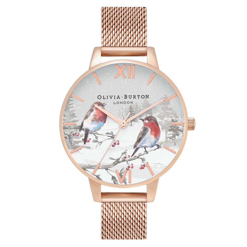 Olivia Burton Winter Wonderland Robins Demi Dial Rose Gold Mesh Women's Watch - OB16WL93