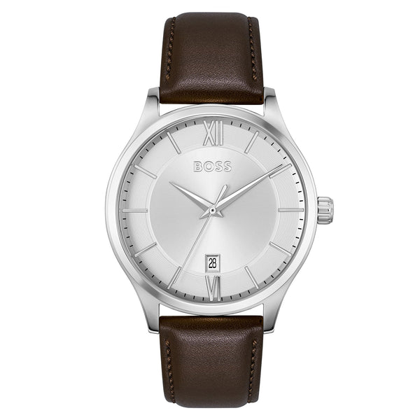 Hugo Boss Brown Calfskin Leather Silver White Dial Men's Watch - 1514064
