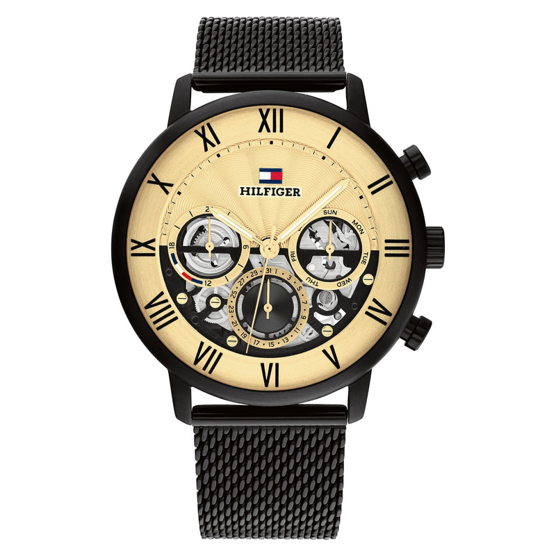 Tommy Hilfiger Black Steel Mesh Gold Dial Multi-function Men's Watch - 1710568