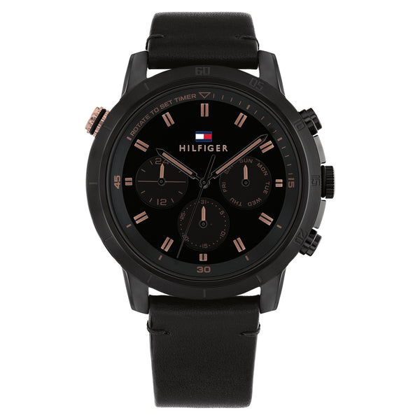 Tommy Hilfiger Black Leather Multi-function Men's Watch - 1792110