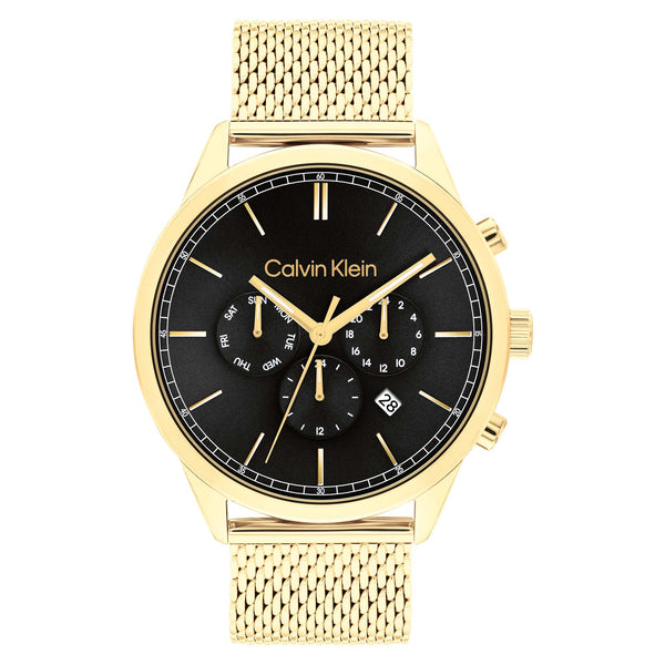 Calvin Klein Gold Steel Mesh Black Dial Multi-function Men's Watch - 25200375